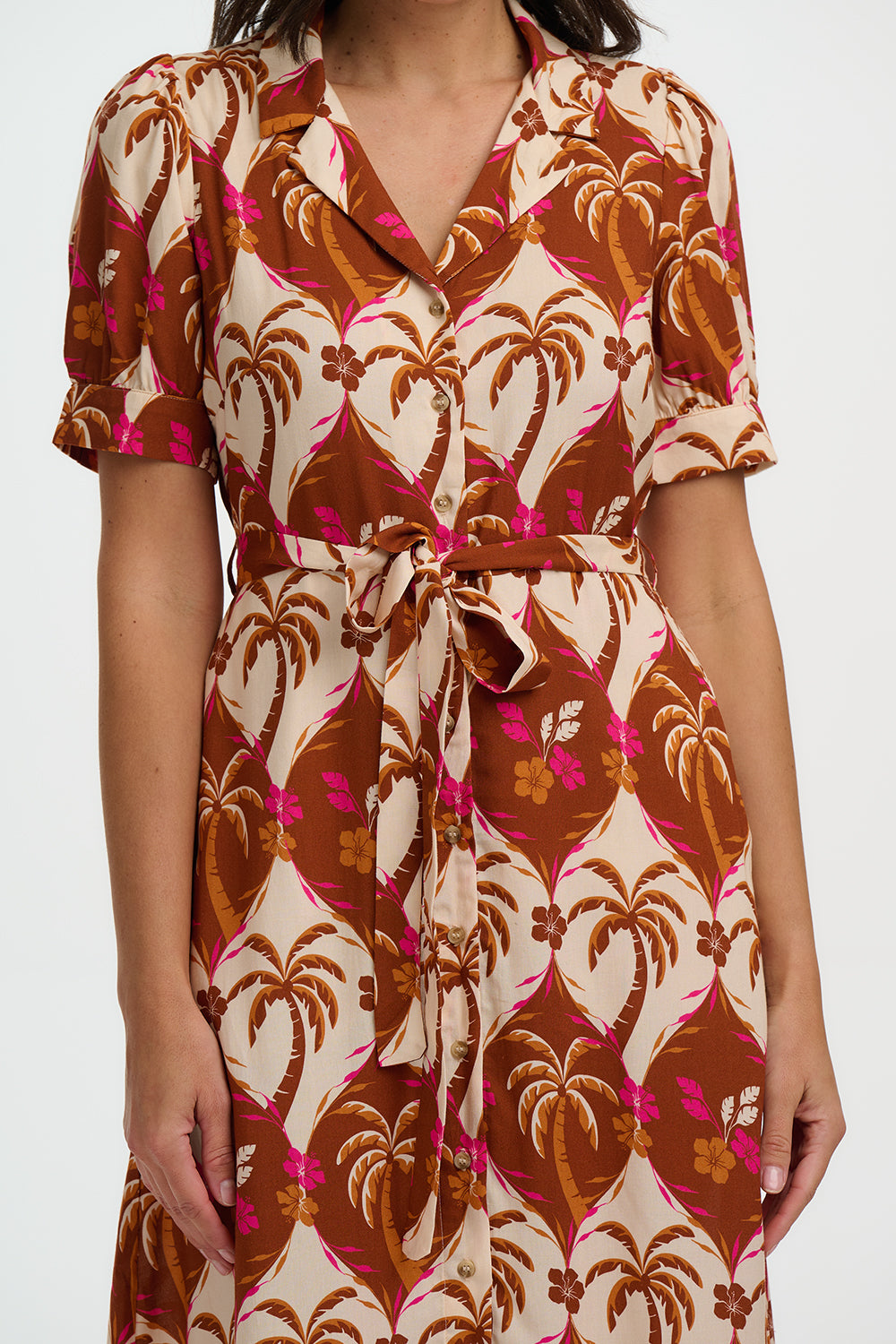 PENELOPE Midi Shirt Dress in Brown Palm Tile Print - D1439