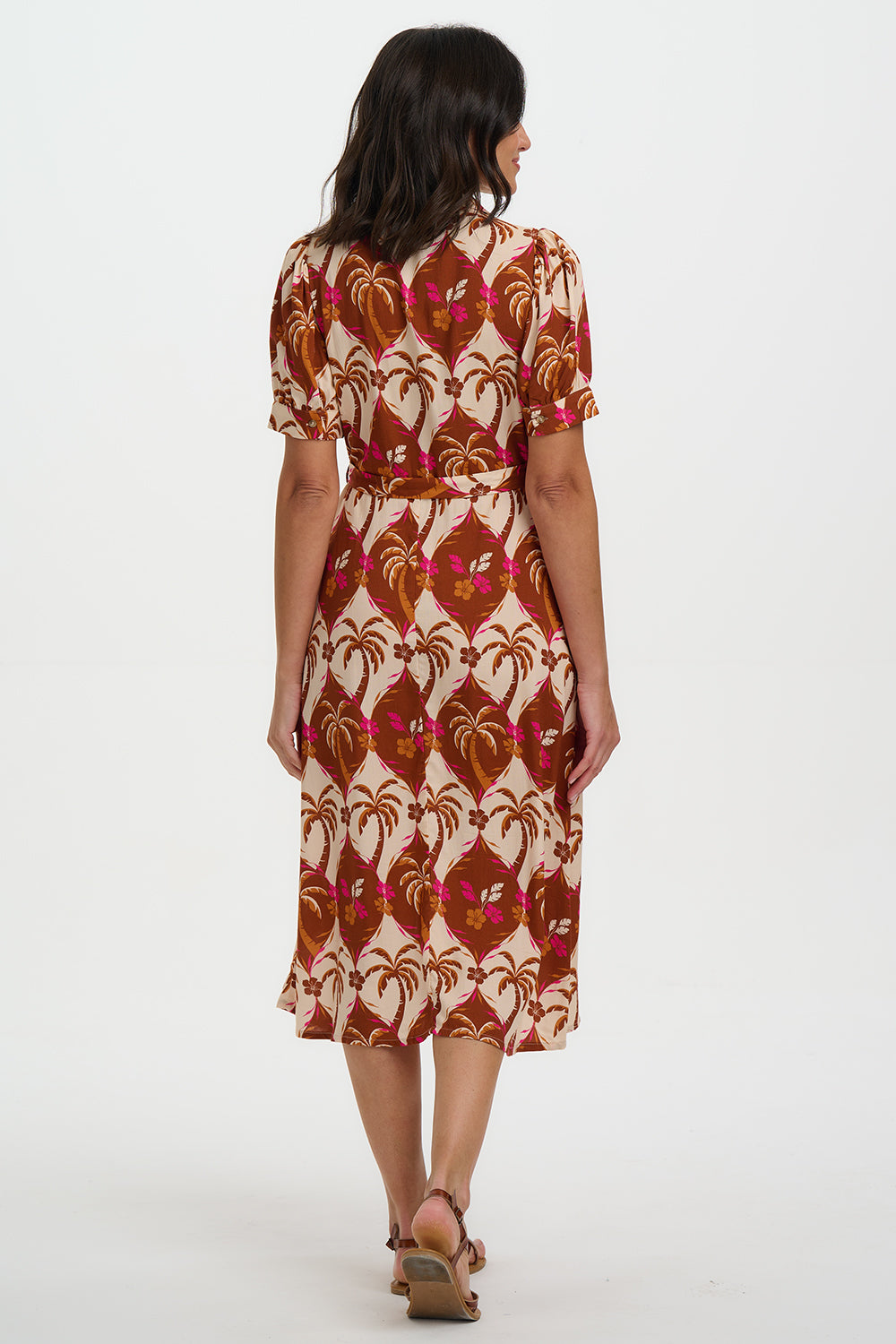 PENELOPE Midi Shirt Dress in Brown Palm Tile Print - D1439