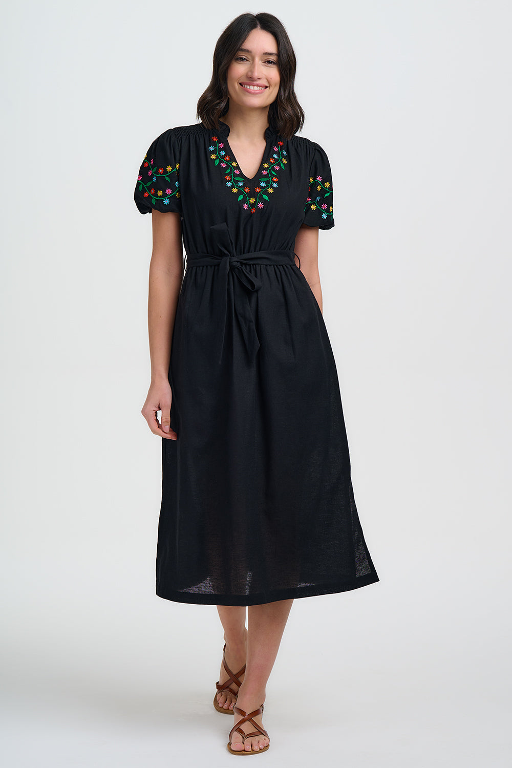 LAINEY Black Short Sleeve Midi Dress with Floral Rainbow Embroidery - D1463