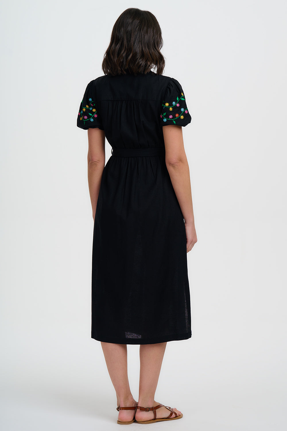 LAINEY Black Short Sleeve Midi Dress with Floral Rainbow Embroidery - D1463