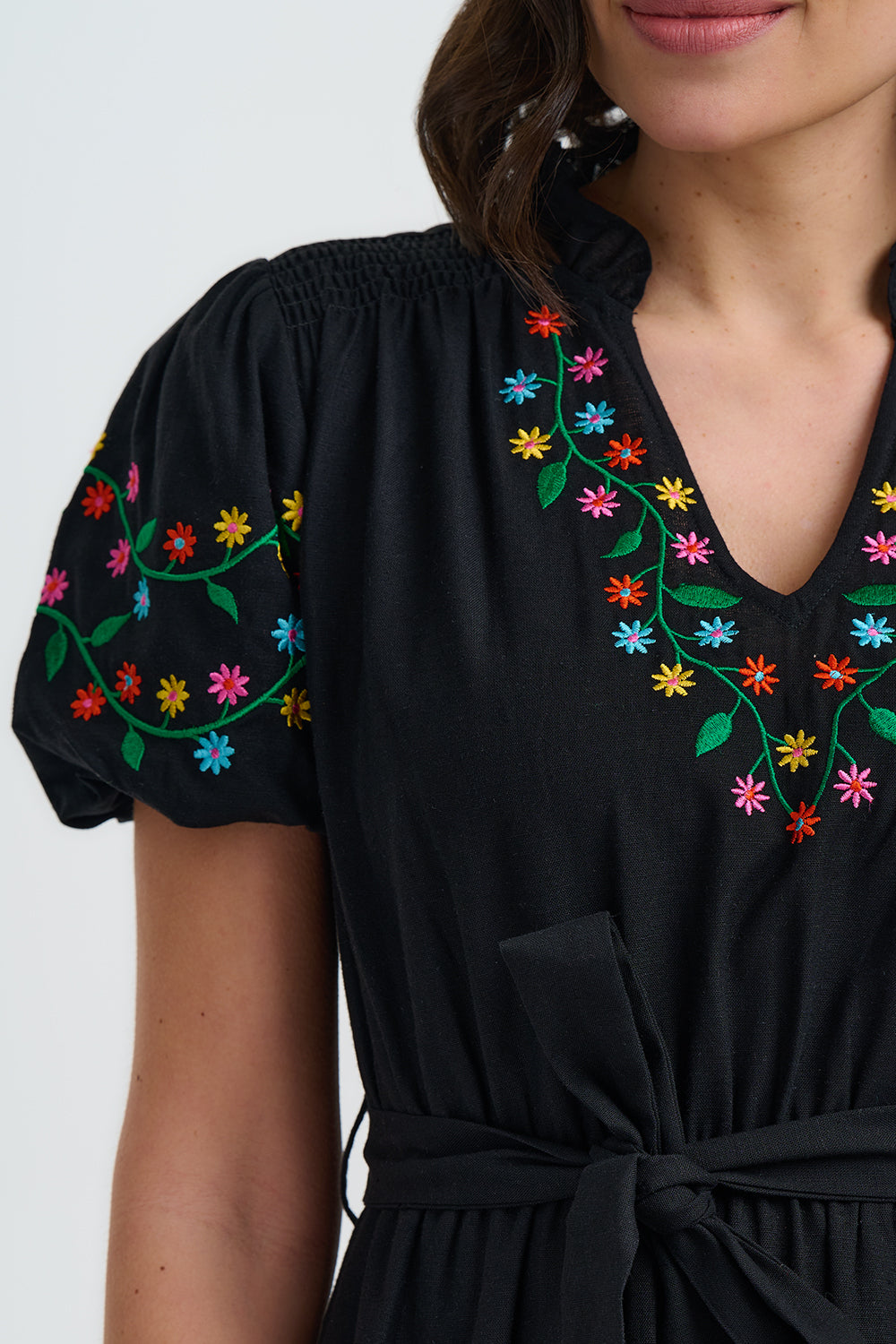 LAINEY Black Short Sleeve Midi Dress with Floral Rainbow Embroidery - D1463