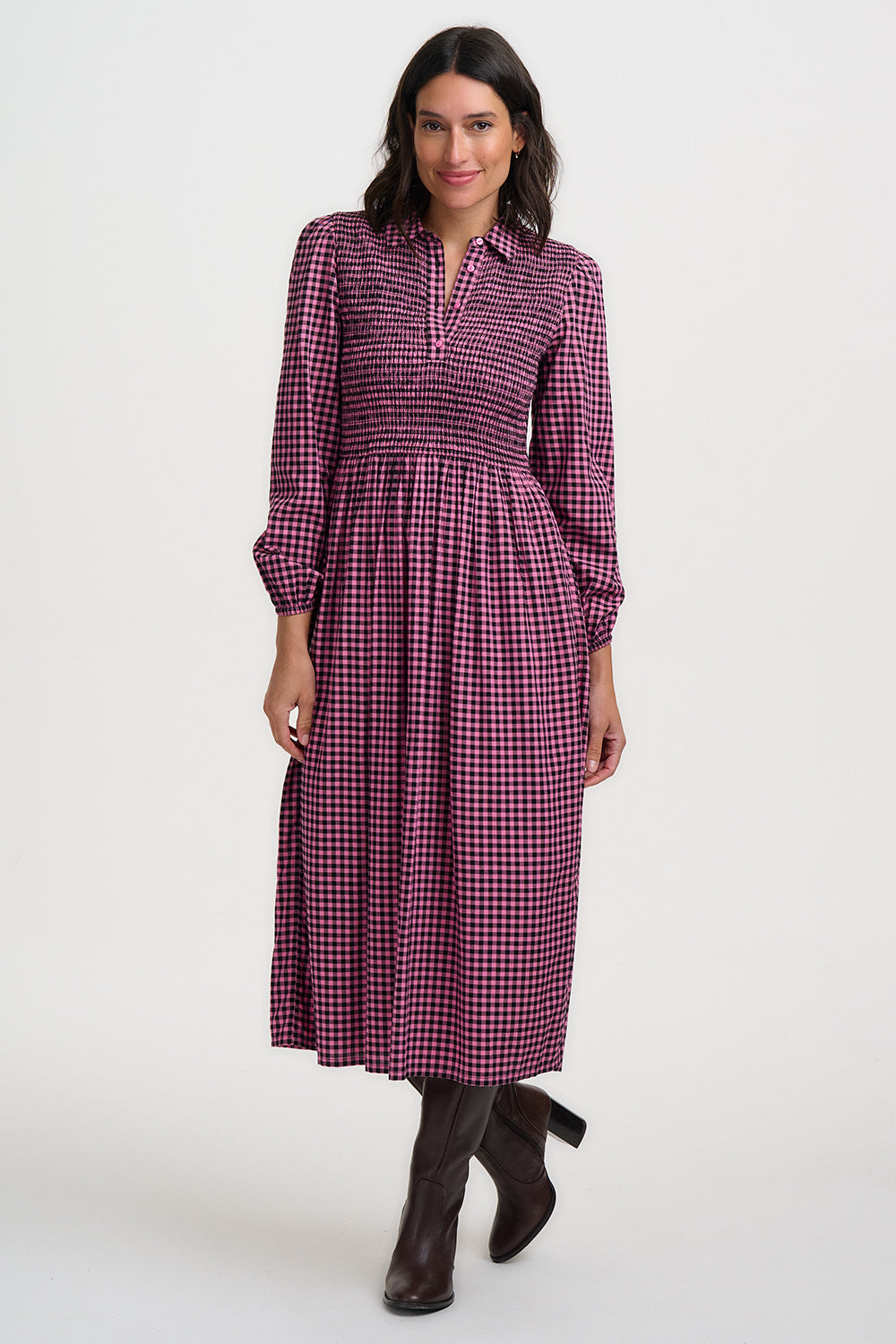 Diana Shirred Waist Pink Gingham Midi Dress