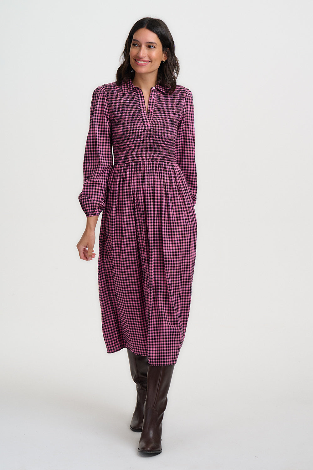 Diana Shirred Waist Pink Gingham Midi Dress