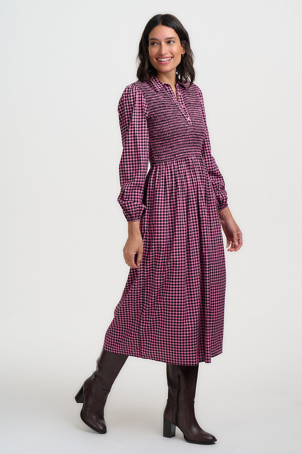 Diana Shirred Waist Pink Gingham Midi Dress