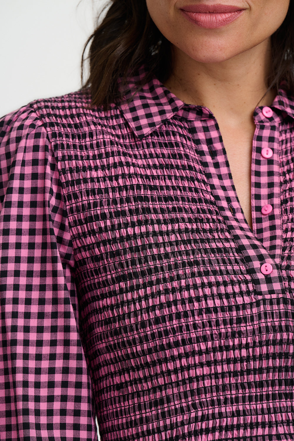 Diana Shirred Waist Pink Gingham Midi Dress