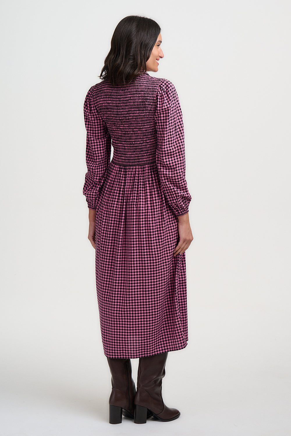 Diana Shirred Waist Pink Gingham Midi Dress