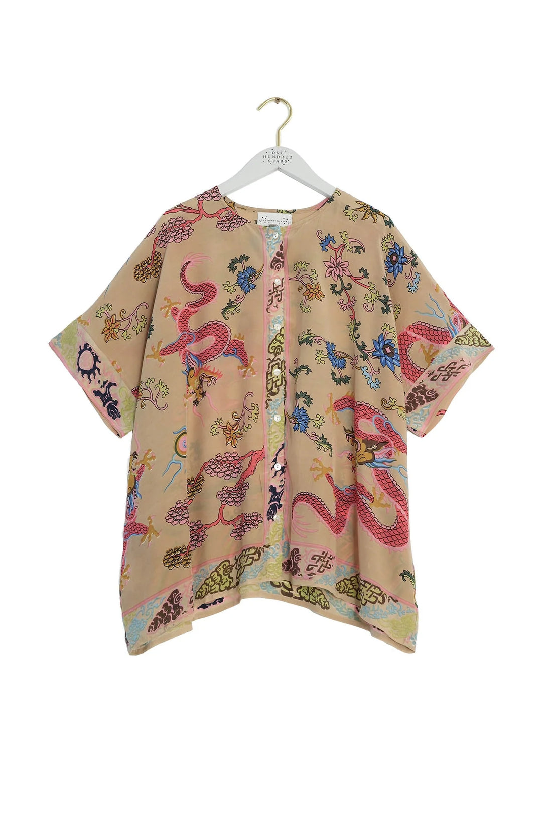One Hundred Stars Tea Blouse in Dragon Print Sand Print - TBLDRGSND