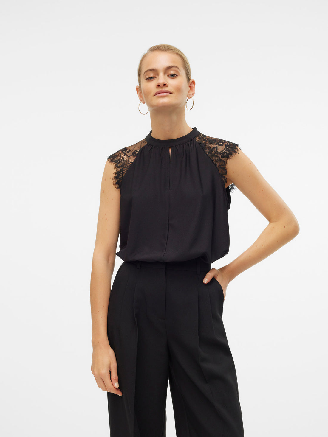 MILLA Lace Cap Sleeve Vest Top in Black