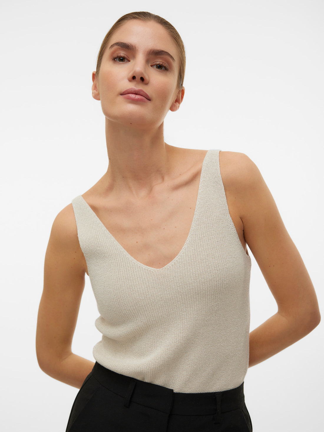 NEWLEX Fine Sparkle Fleck Lurex Knit Top in Birch Cream