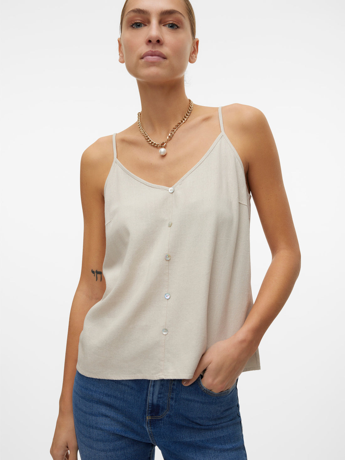 MILO Button Detail Linen Vest Top Oatmeal