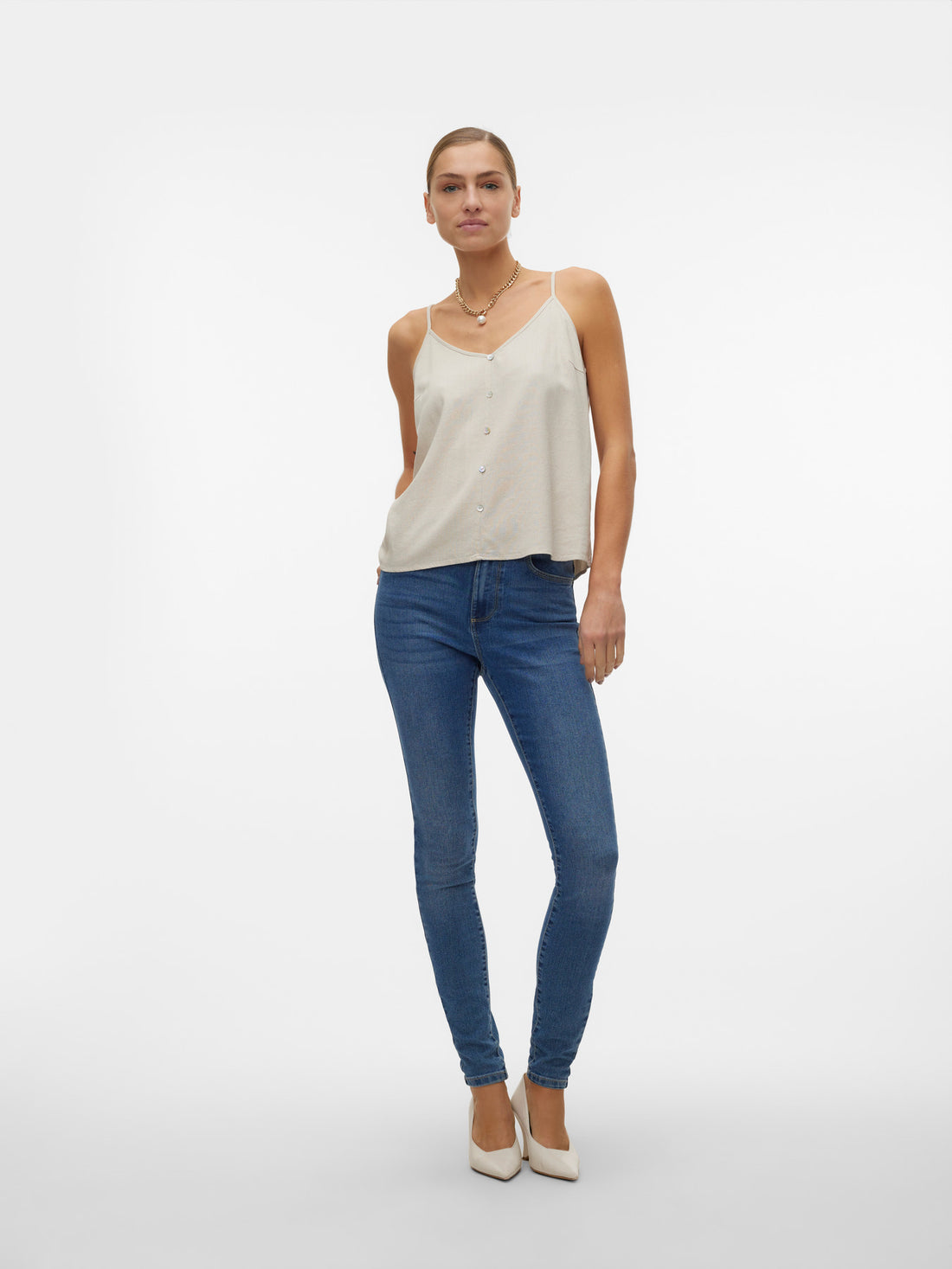MILO Button Detail Linen Vest Top Oatmeal