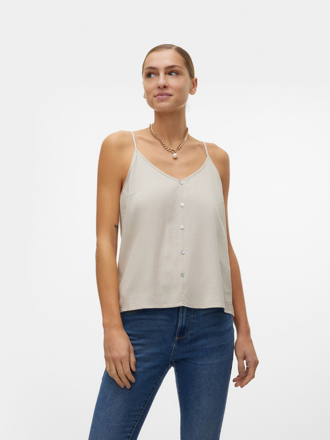 MILO Button Detail Linen Vest Top Oatmeal