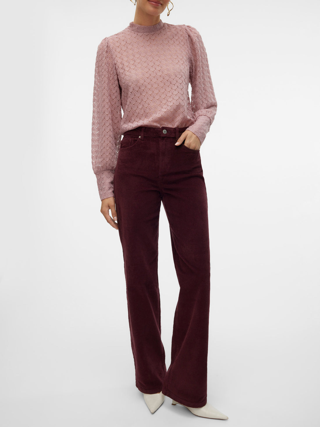TESSA Corduroy High Rise Wide Leg Trousers in Burgundy Port Royale