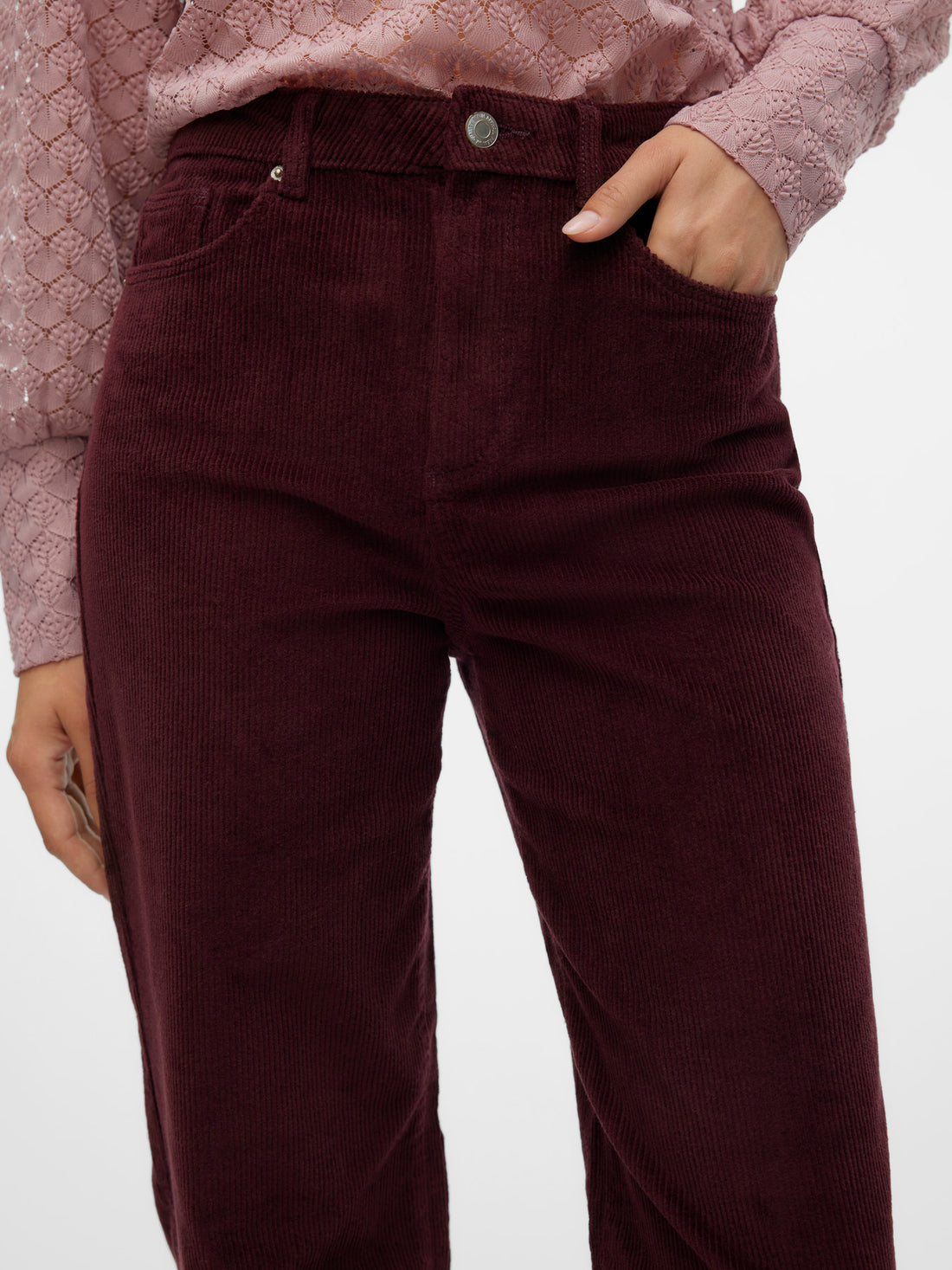 TESSA Corduroy High Rise Wide Leg Trousers in Burgundy Port Royale