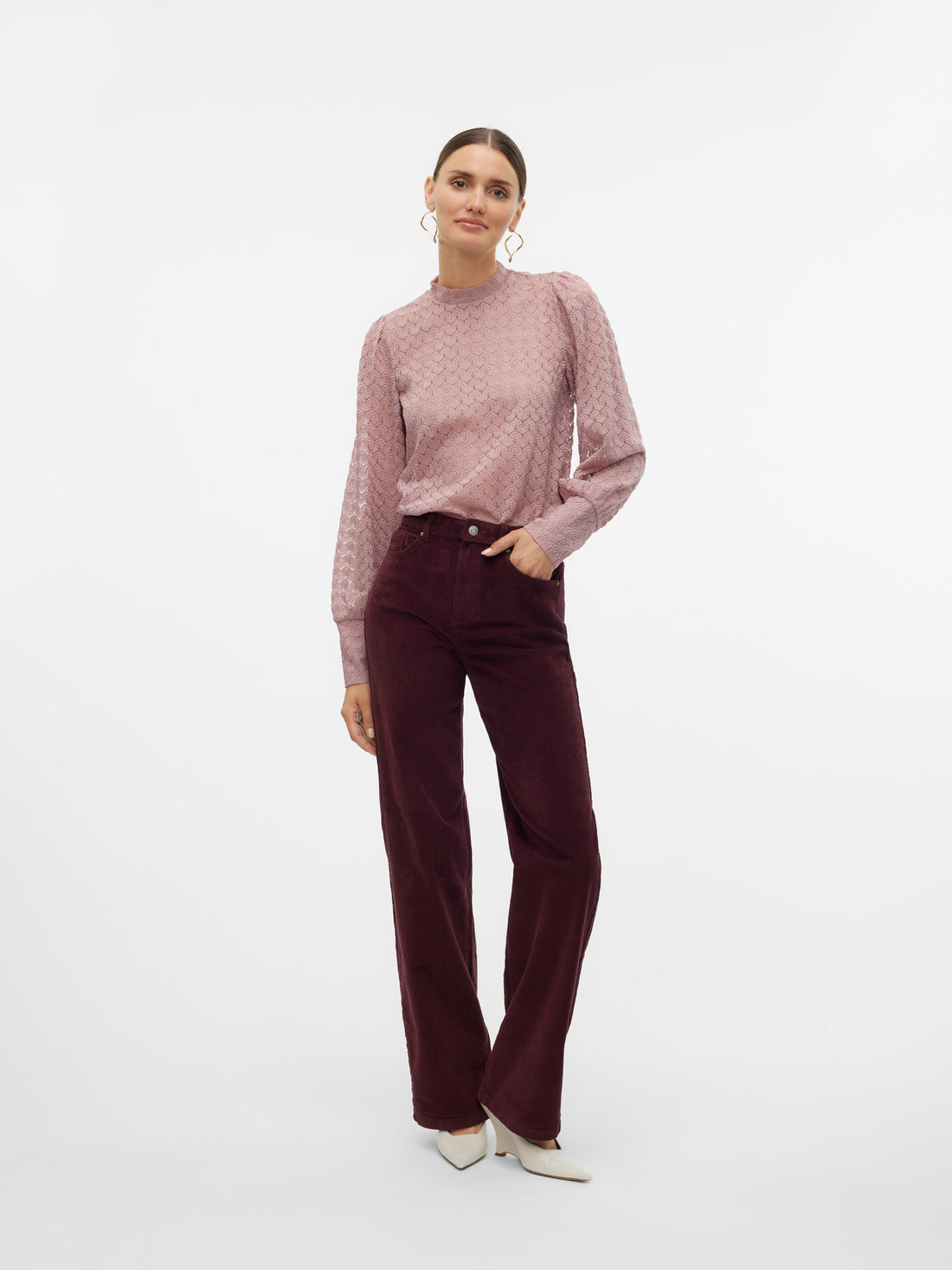 TESSA Corduroy High Rise Wide Leg Trousers in Burgundy Port Royale