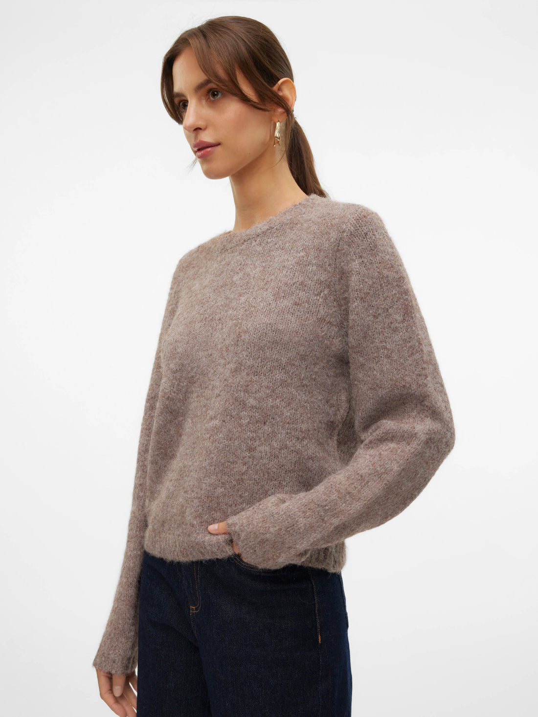 NOVAH O Round Neck Jumper in Light Lentil Brown Melange