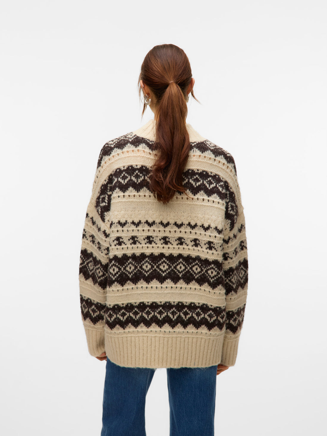 AMPLE Fair Isle Folk High Neck Jumper in Cream Mix