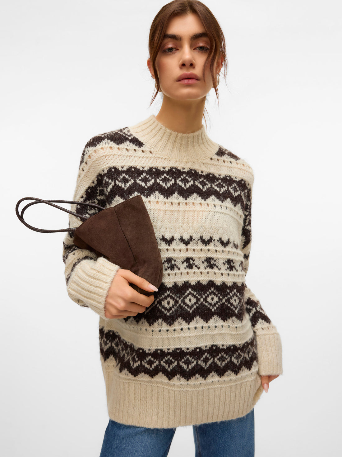 AMPLE Fair Isle Folk High Neck Jumper in Cream Mix