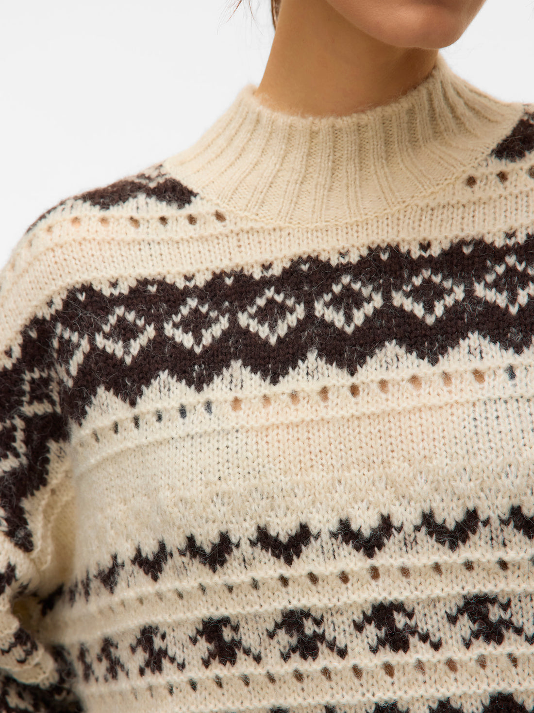 AMPLE Fair Isle Folk High Neck Jumper in Cream Mix