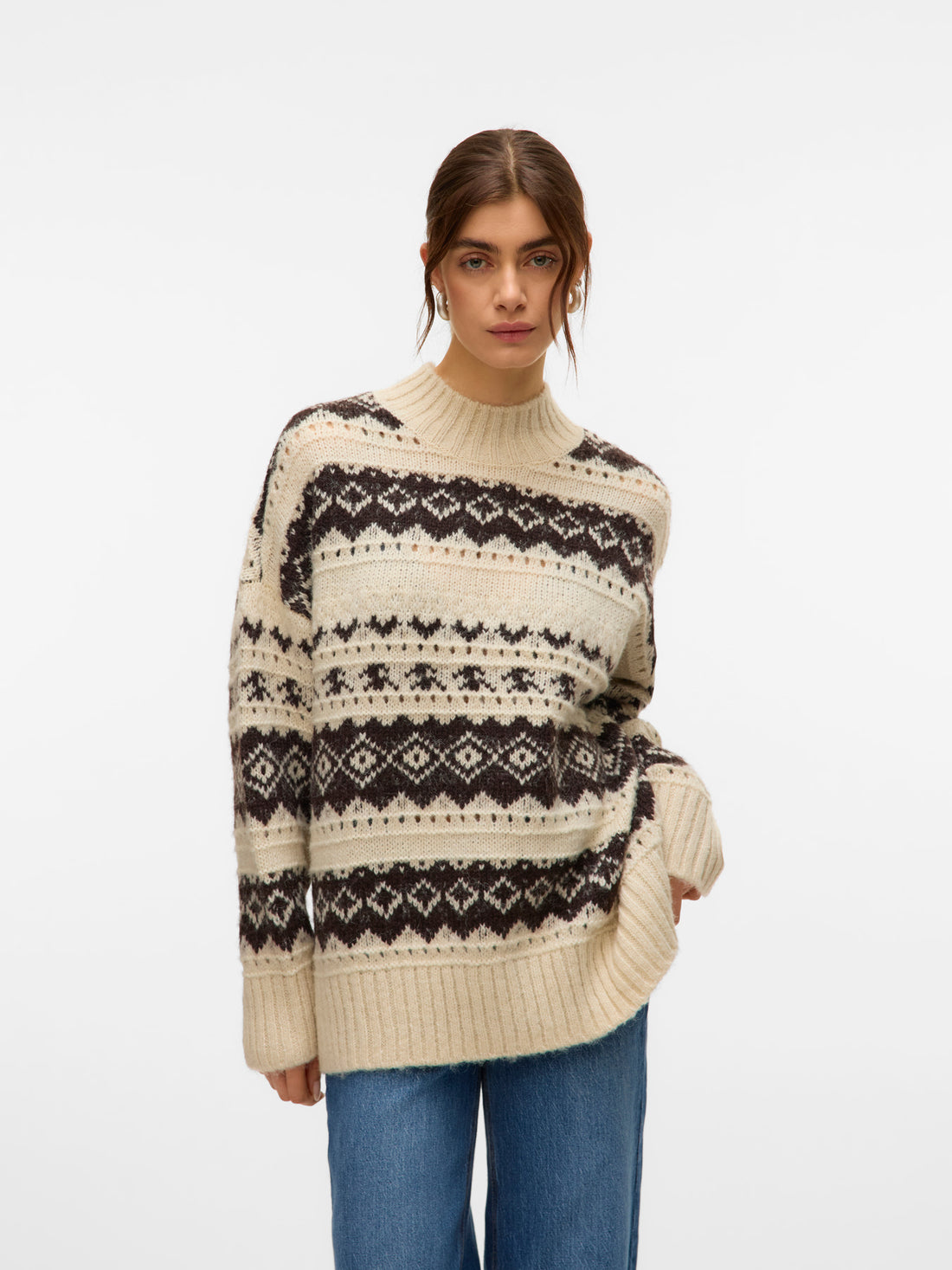 AMPLE Fair Isle Folk High Neck Jumper in Cream Mix