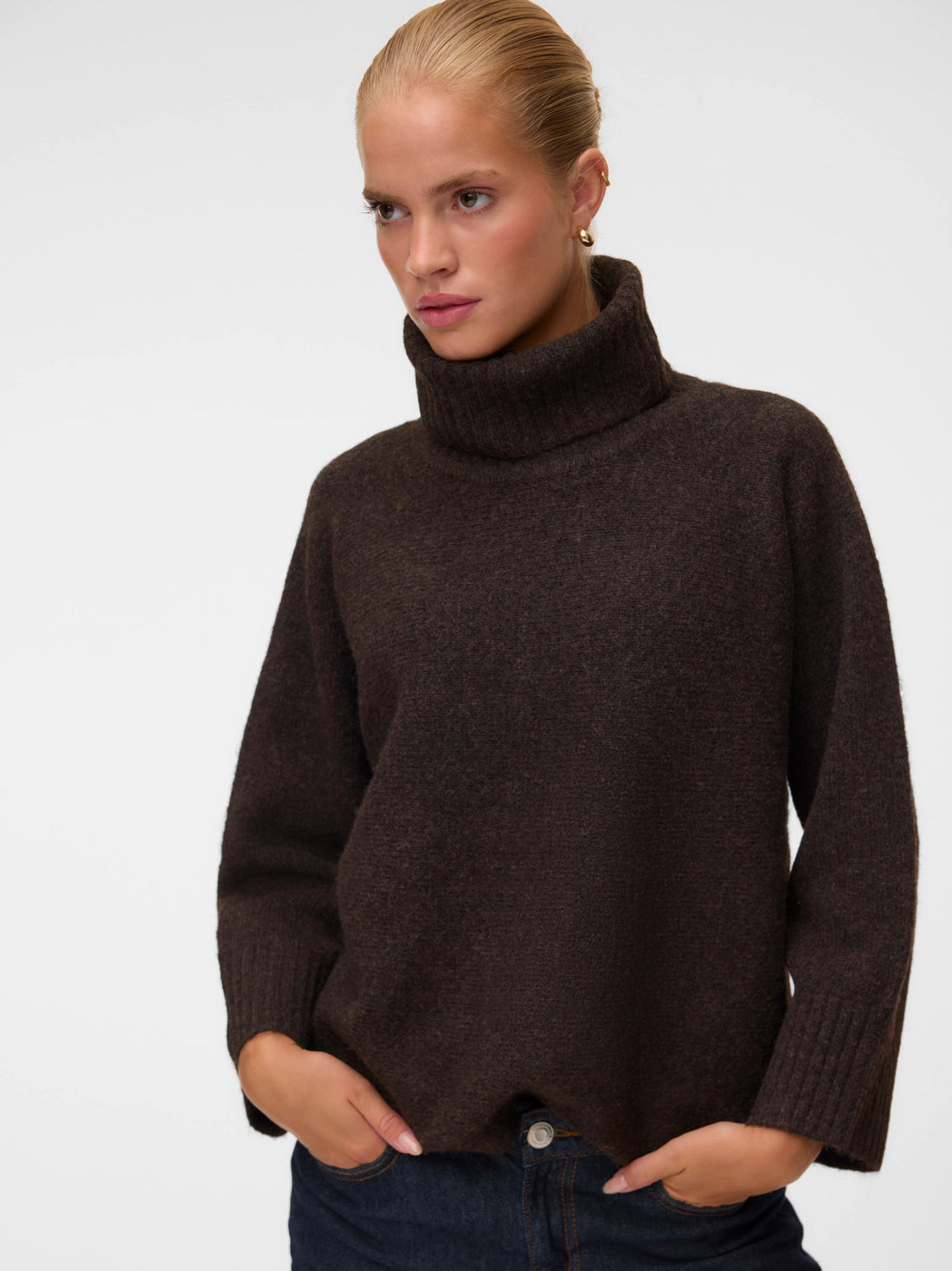 VIOLET High Roll Neck Chunky Knit Jumper in Chocolate Torte Melange