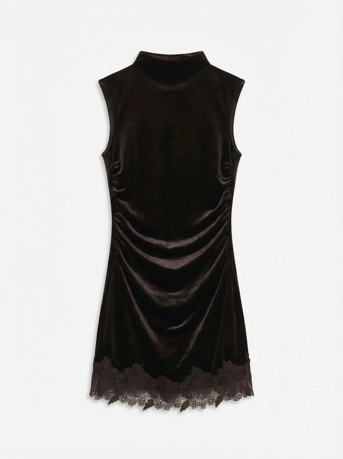 CHLOE Mini Velvet Dress with Lace Trim in Chocolate Brown