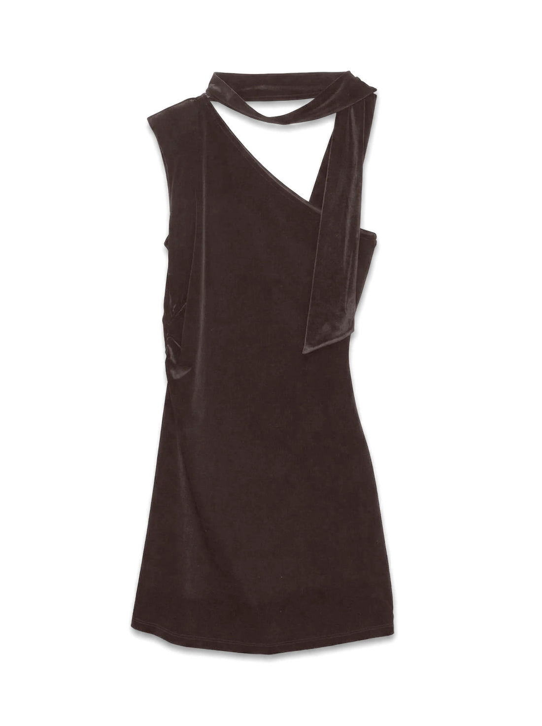 RIKKE One Shoulder Velvet Scarf Dress in Brown