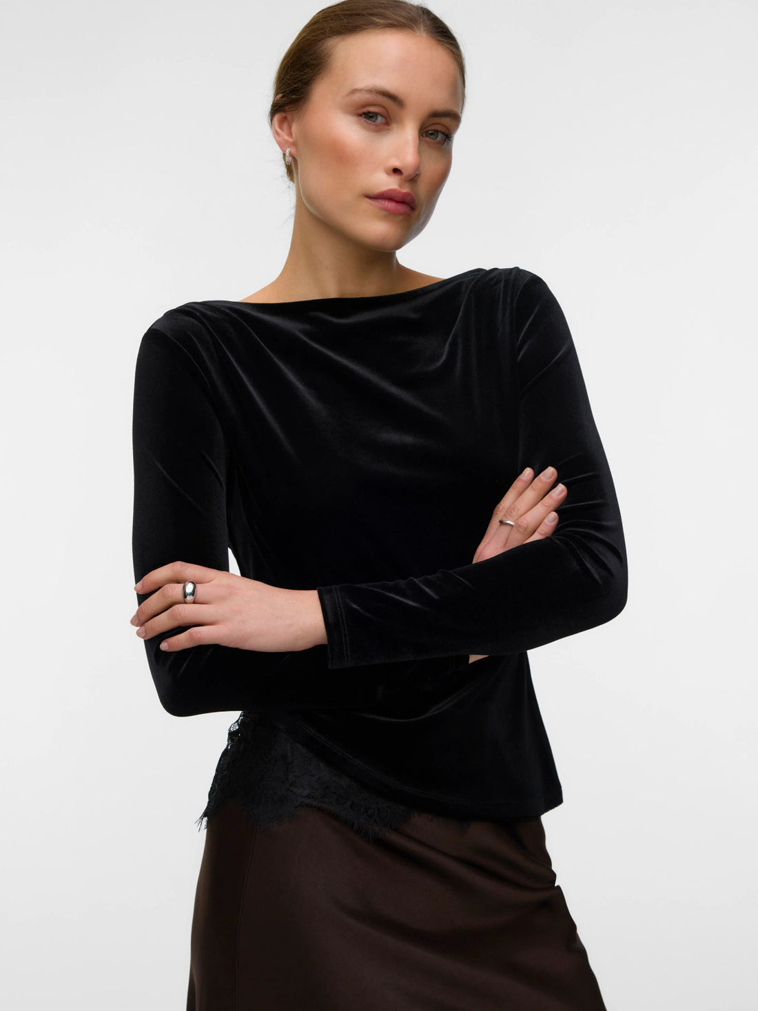 RIKKE Velvet Lace Mix Detail Top in Black