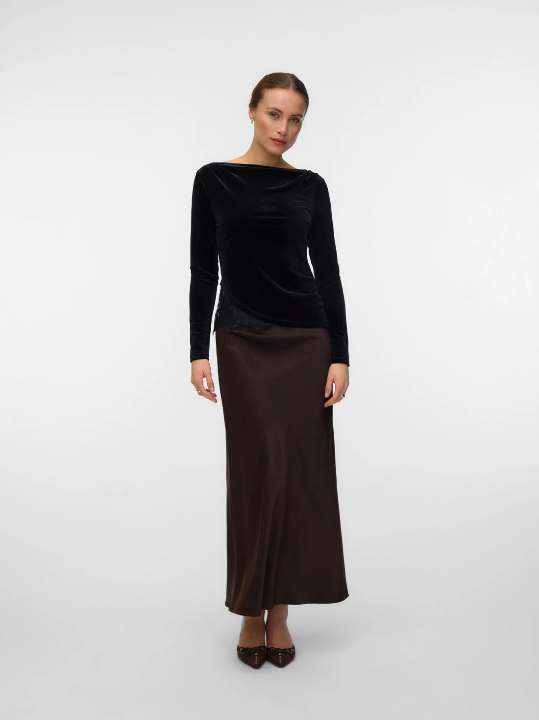 RIKKE Velvet Lace Mix Detail Top in Black