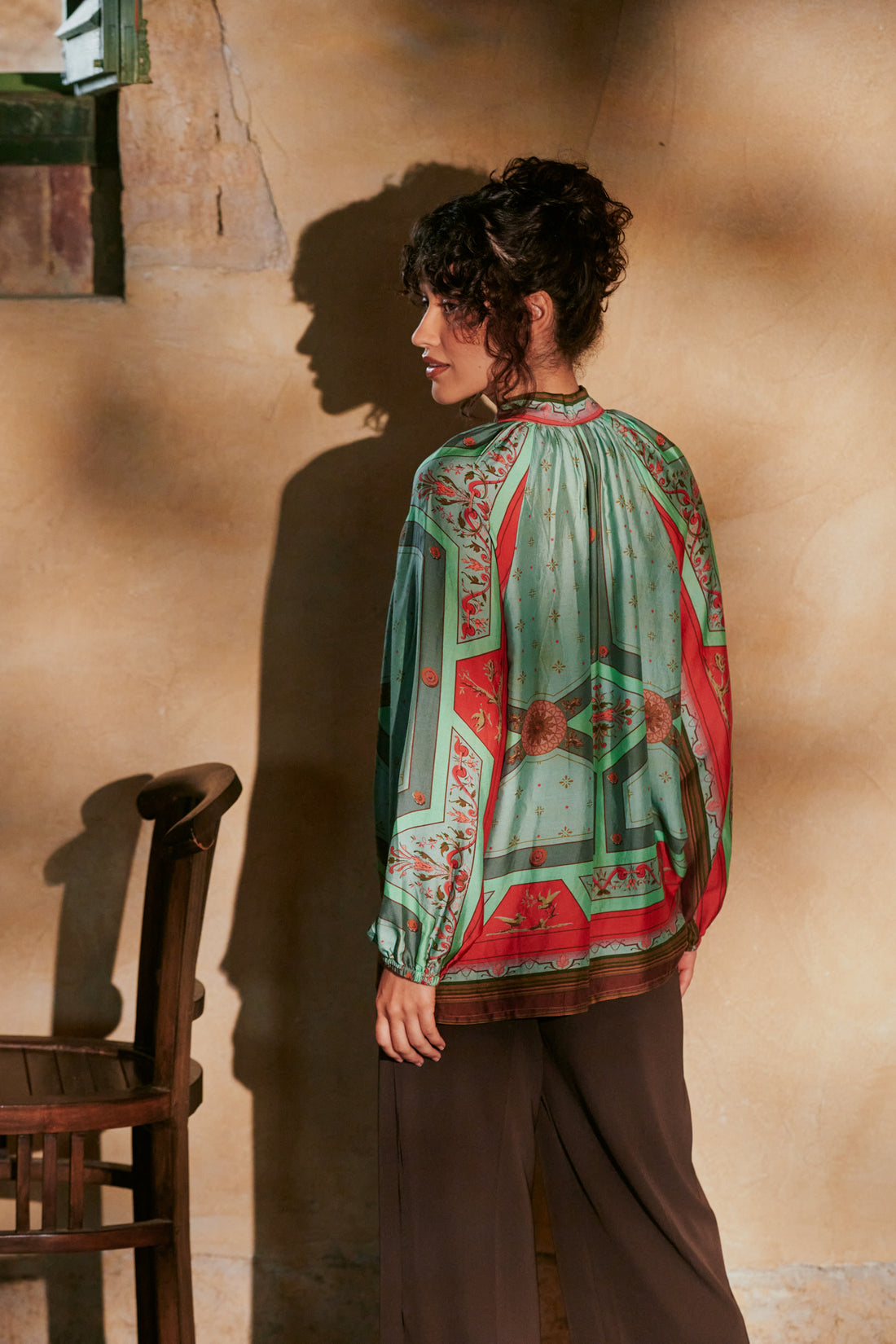Pussybow Blouse in Aqua Fleur De Lys Print by One Hundred Stars - TPBFDLAQA