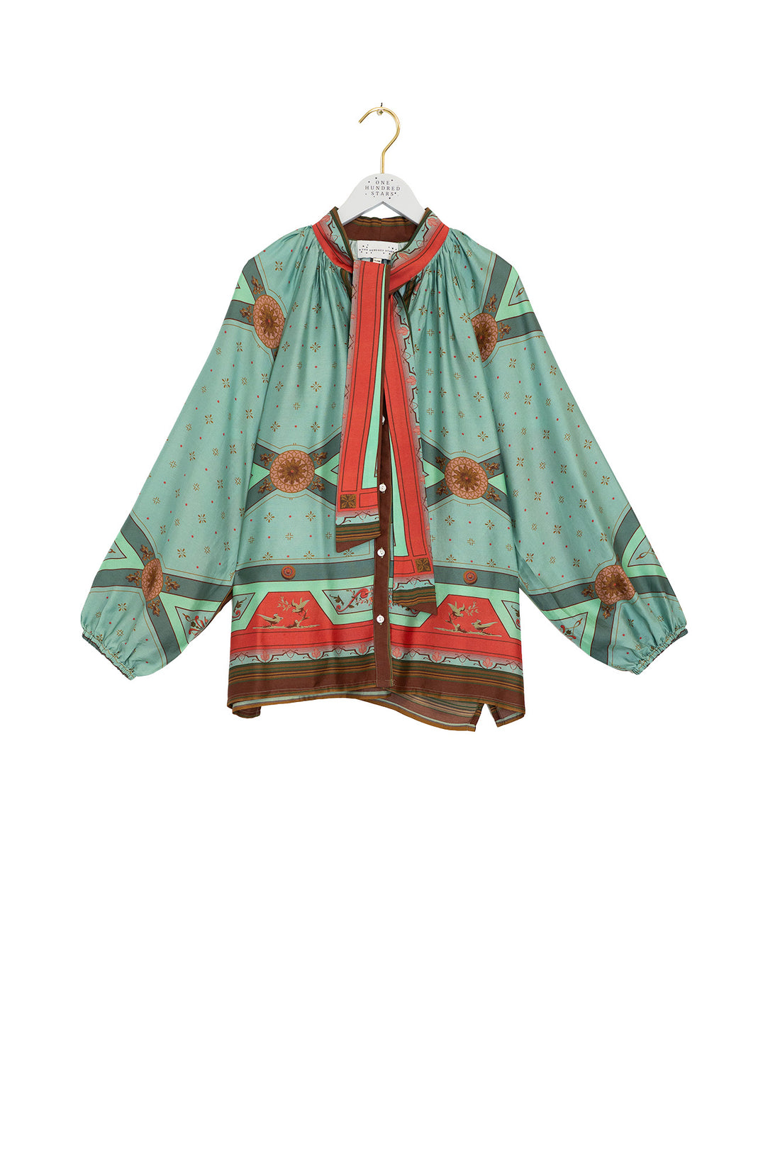 Pussybow Blouse in Aqua Fleur De Lys Print by One Hundred Stars - TPBFDLAQA