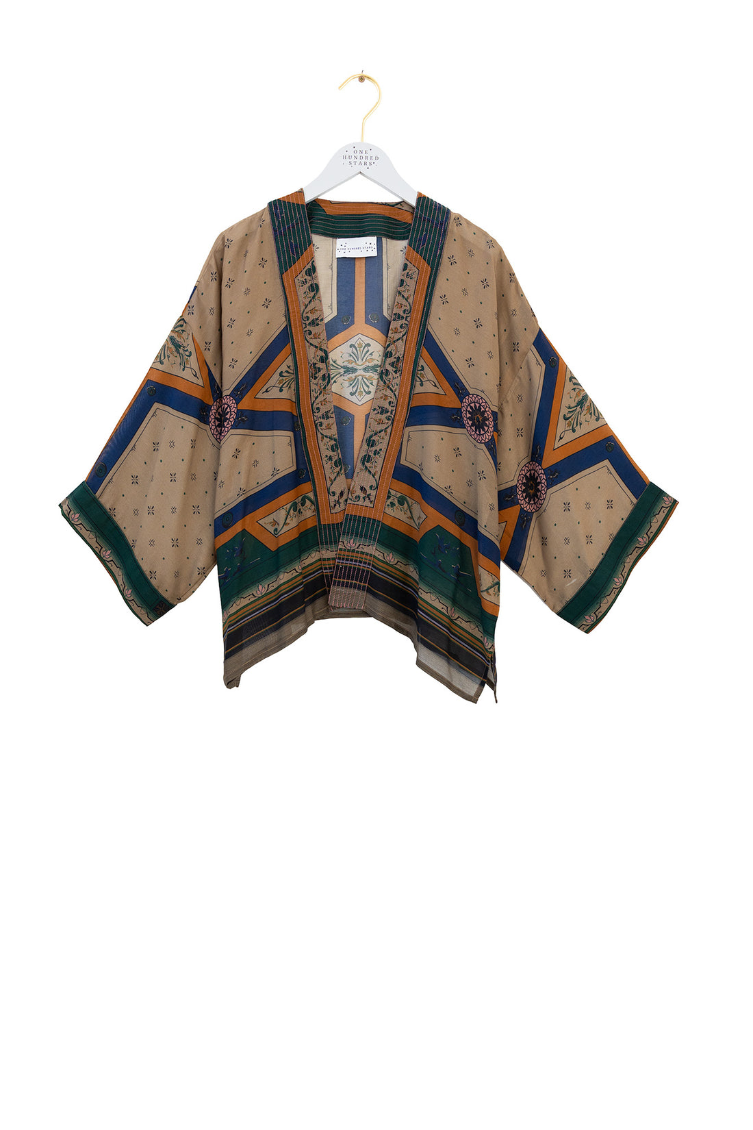 One Hundred Stars Lightweight Short Kimono in Fleur De Lys Sand Print - KIMFDLSAN