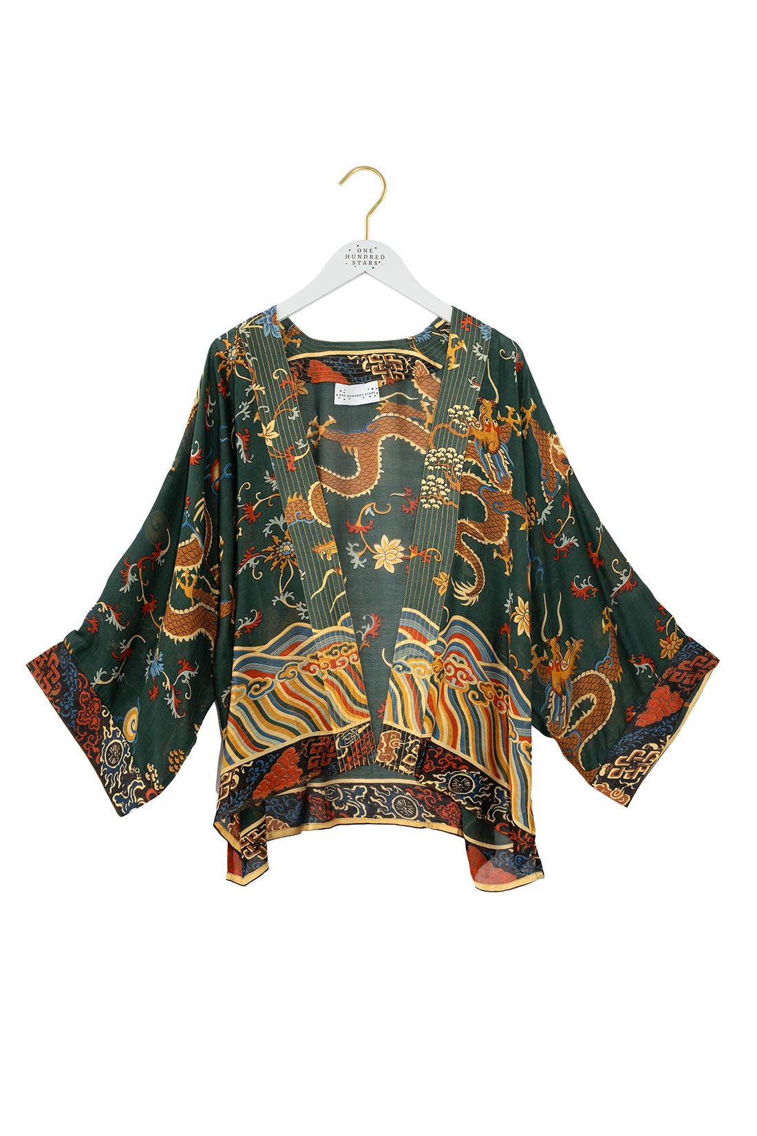 Short Kimono in Green Dragon Print One Hundred Stars - KIMDRGGRN