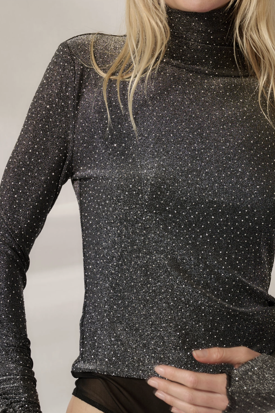 BELOVED Knit Studded Bodysuit with Thumb Holes in Gunmetal Silver