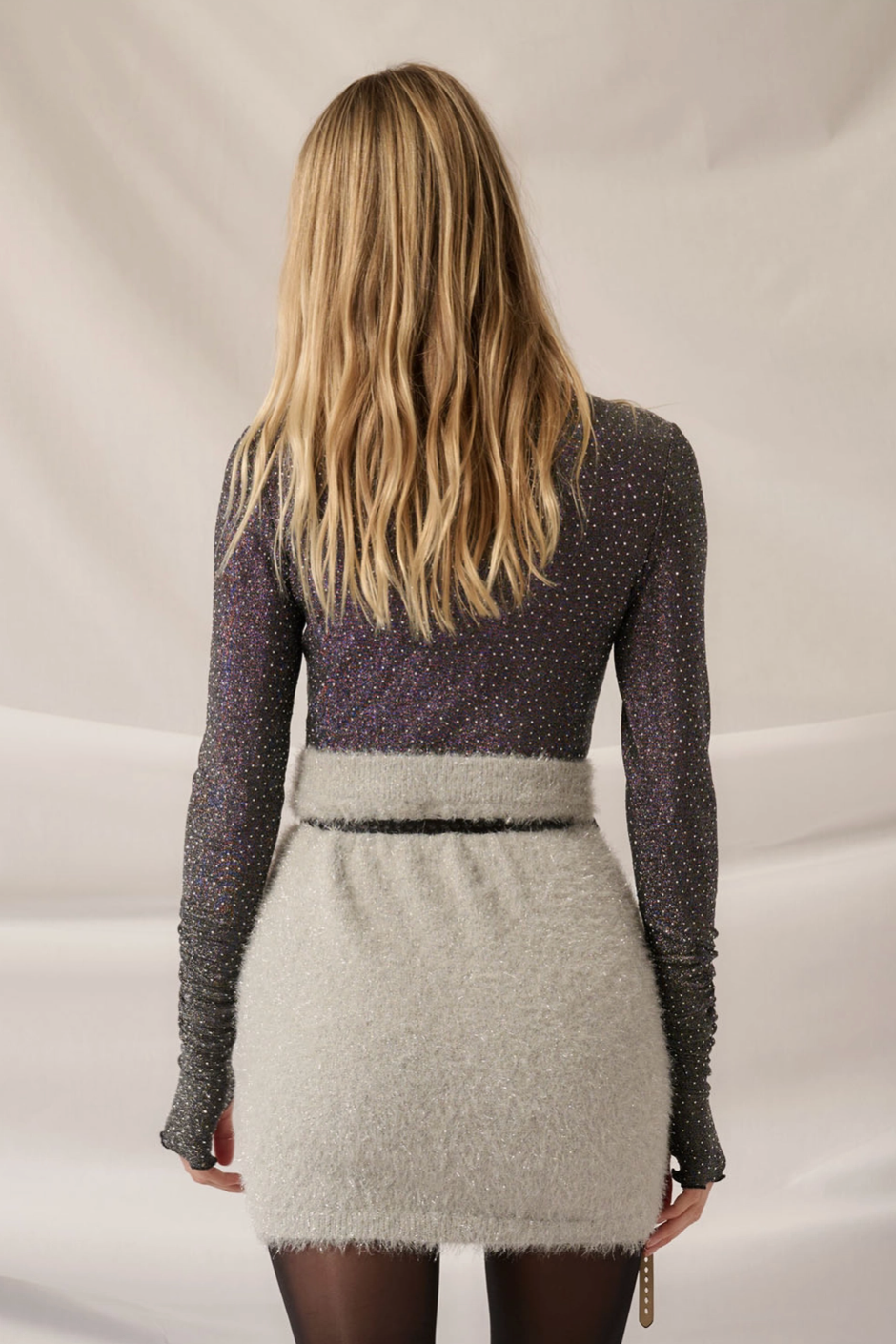 BELOVED Knit Studded Bodysuit with Thumb Holes in Gunmetal Silver