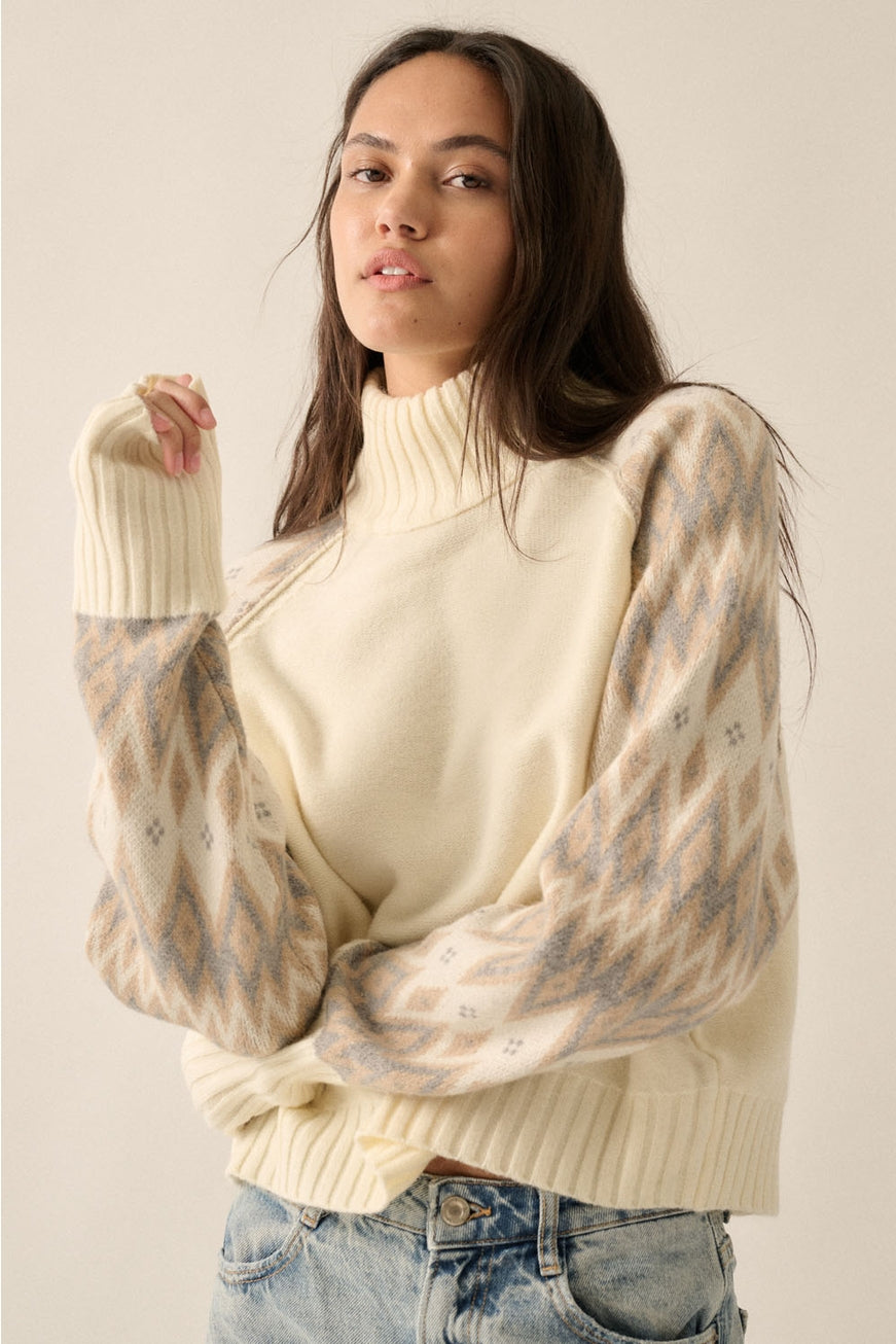 Monica Knit Geo-Print Raglan-Sleeve Turtleneck Sweater