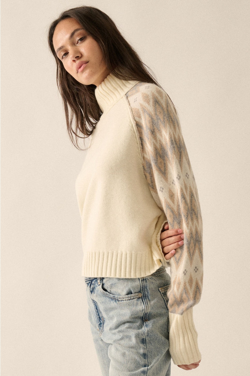 Monica Knit Geo-Print Raglan-Sleeve Turtleneck Sweater