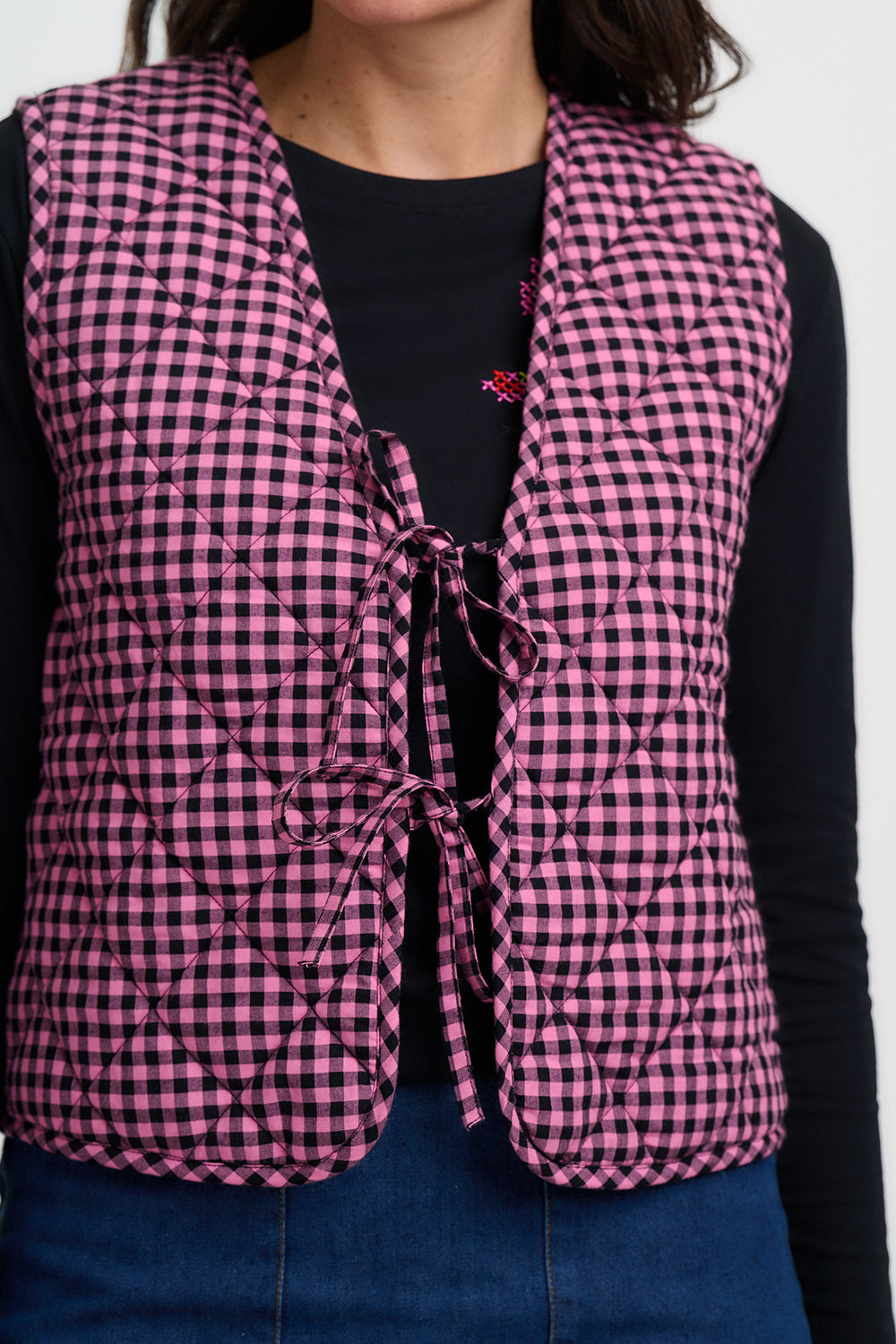 Rose Quilted Pink Gingham Check Reversible Gilet Waistcoat