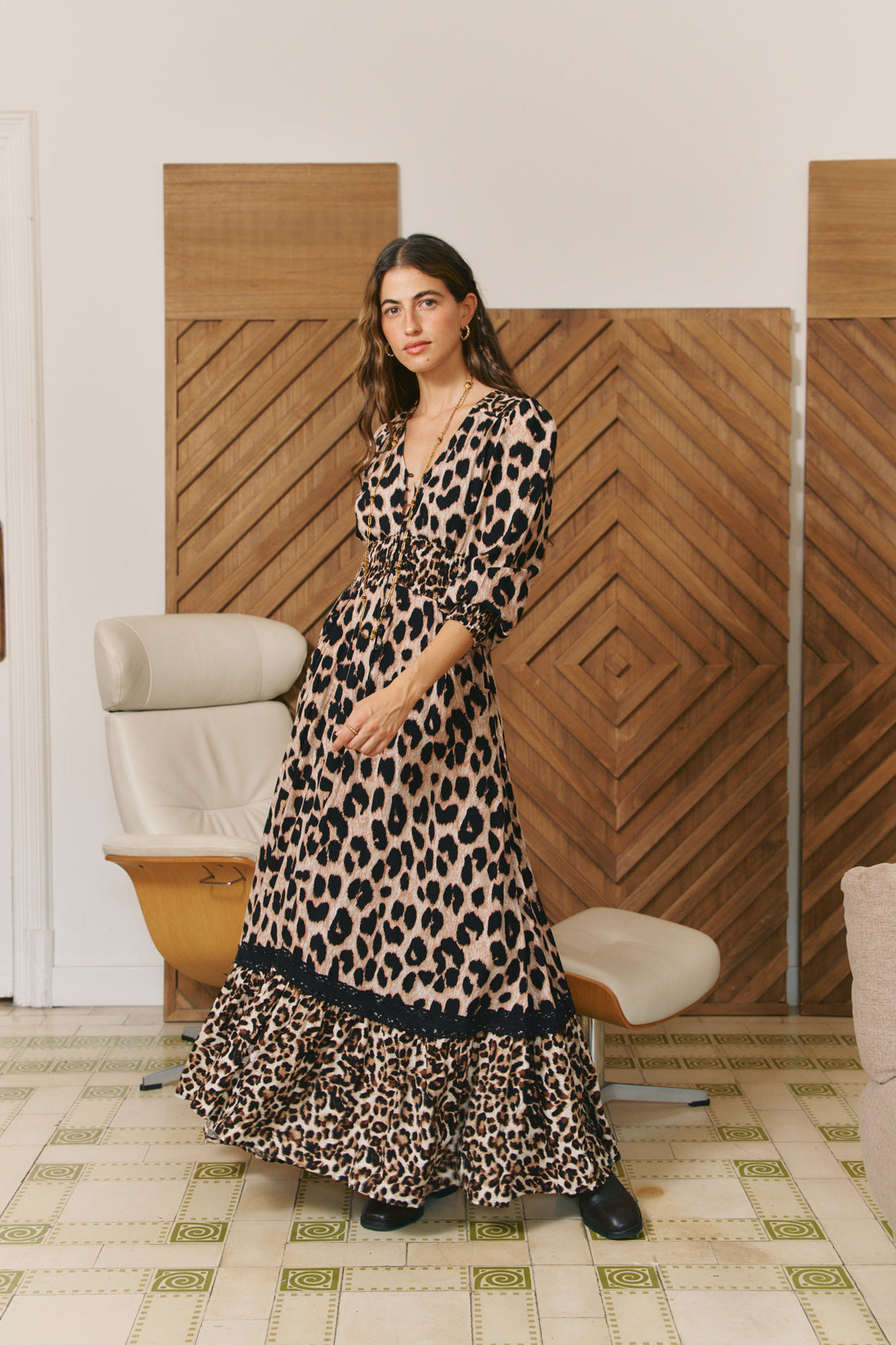 SABRINA Indiana Maxi Dress in Natural Leopard Print