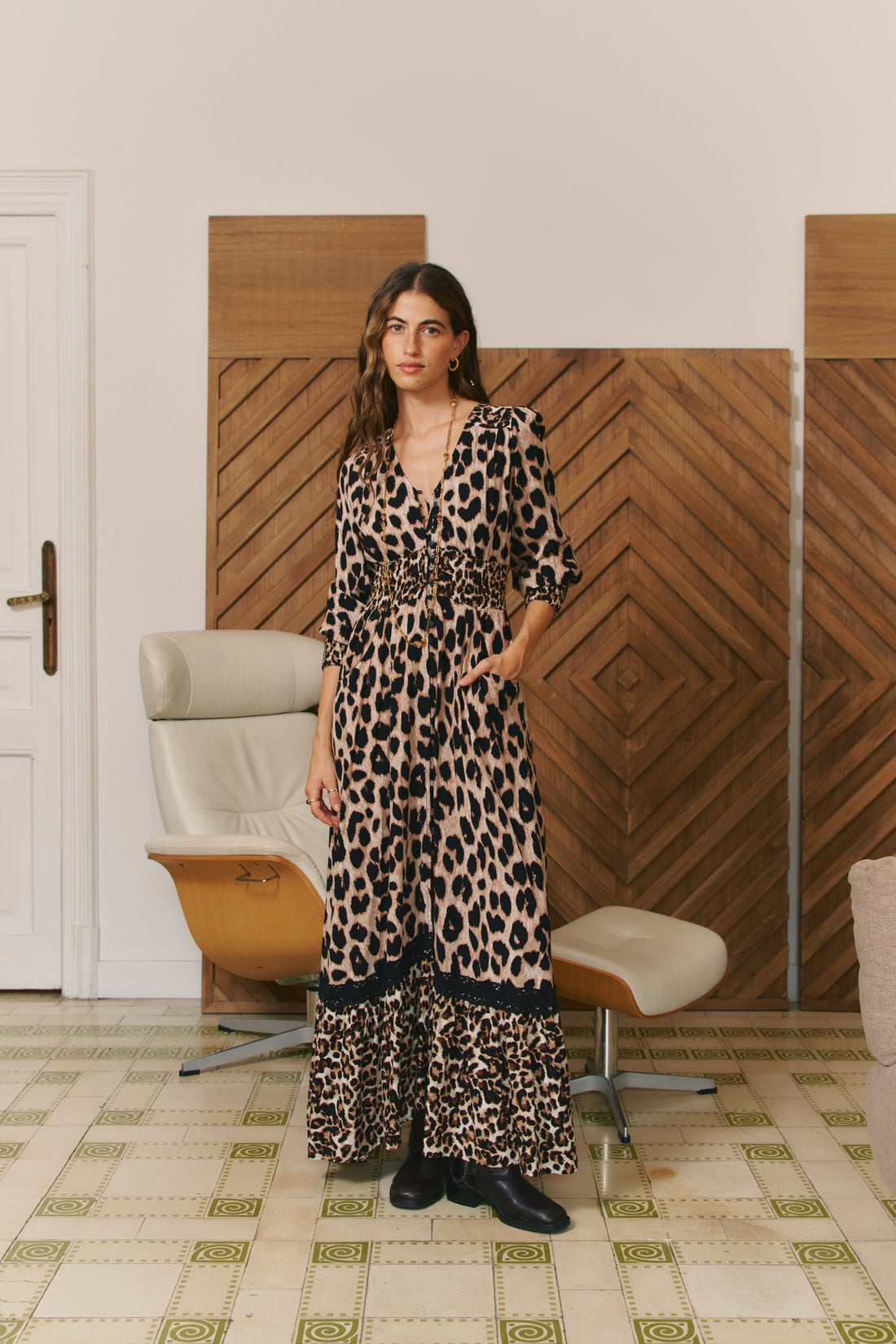 SABRINA Indiana Maxi Dress in Natural Leopard Print