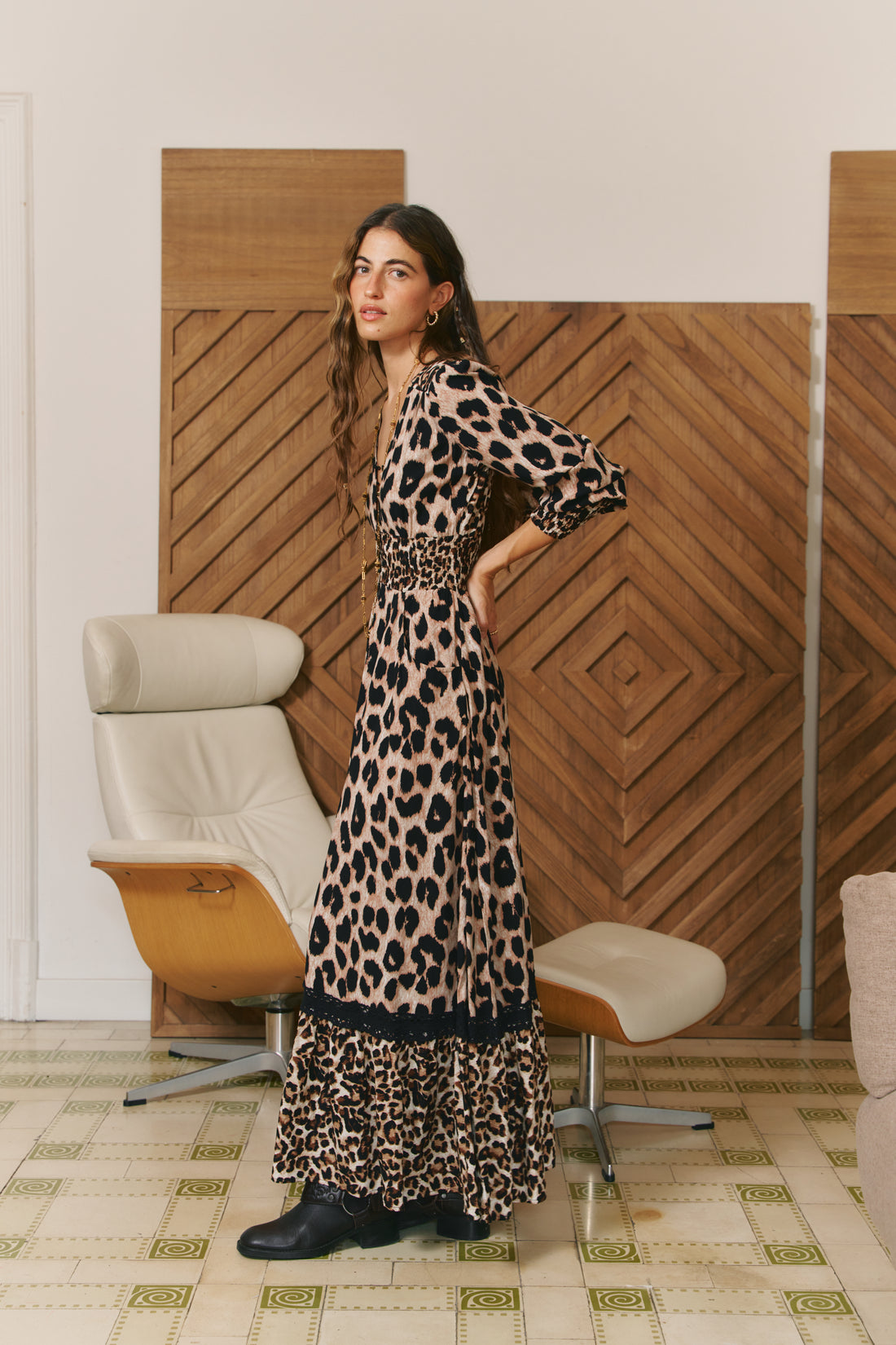 SABRINA Indiana Maxi Dress in Natural Leopard Print