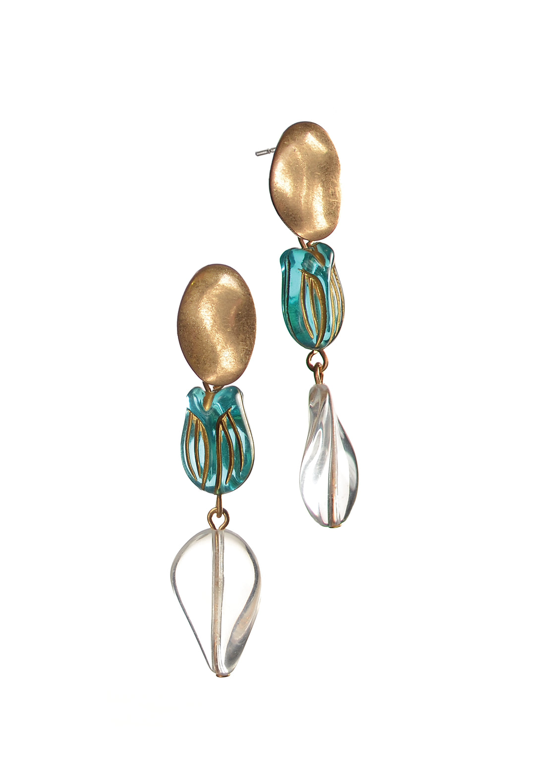 Beau Bud Drop Earrings in Gold Clear and Teal - JE027