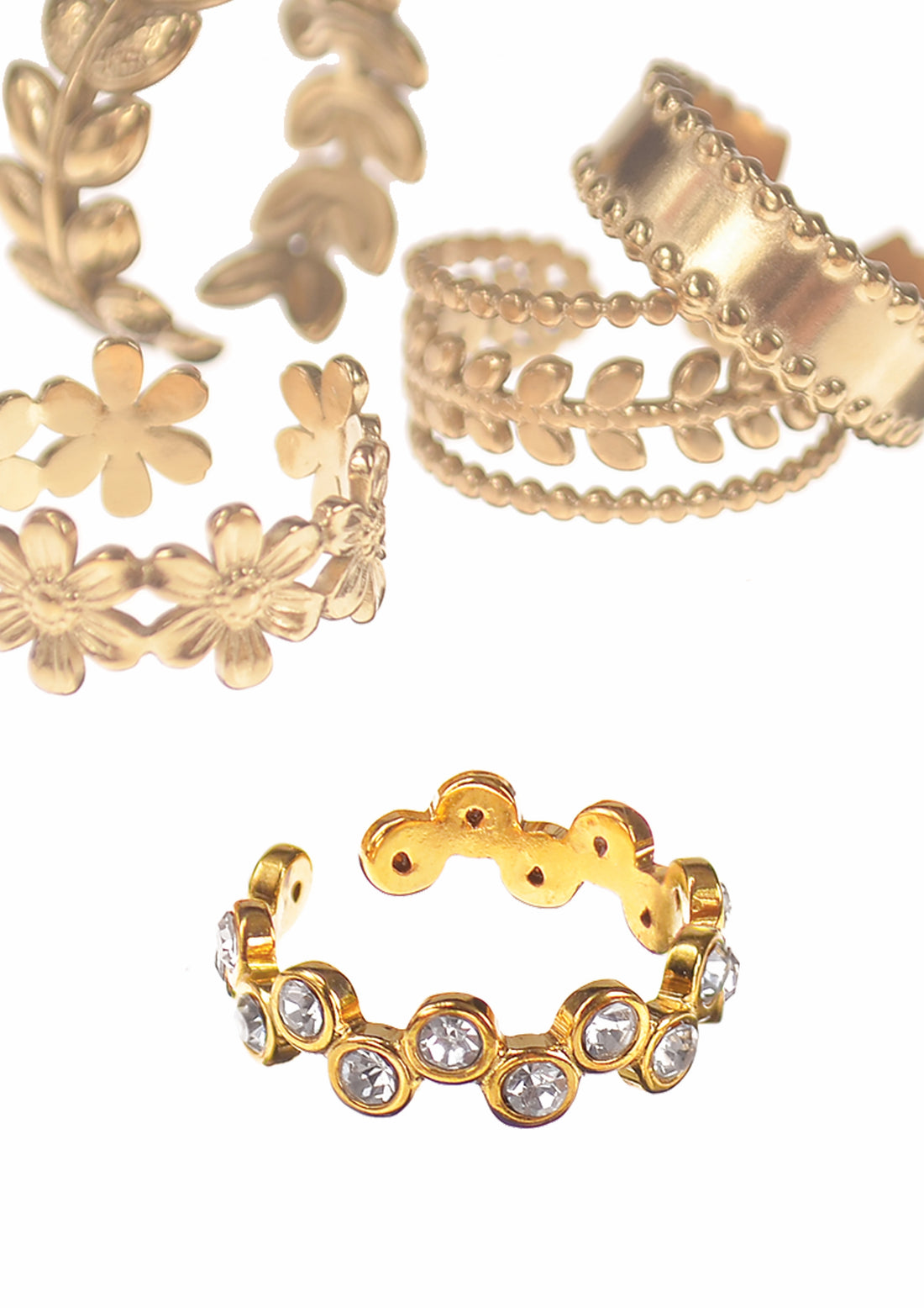 Open Adjustable Gold Abstract Crystal Ring - JJ054