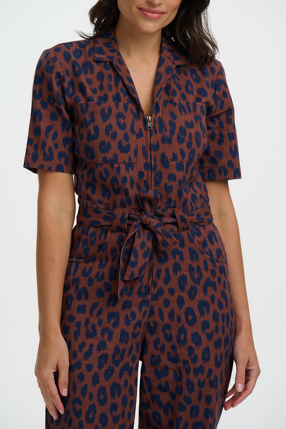 MEREDITH Organic Cotton Denim Jumpsuit in Leopard Print