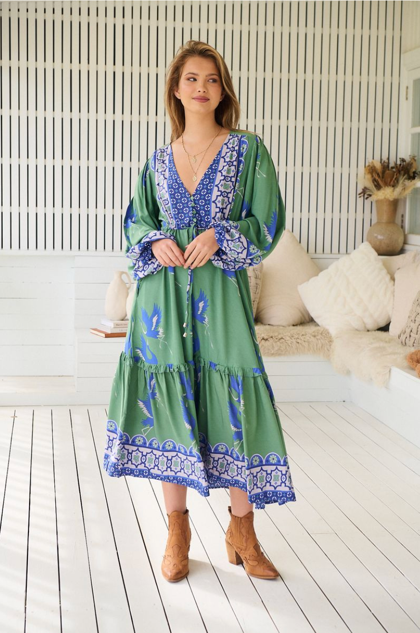 BLUE BIRD PRINT WILLA MIDI DRESS