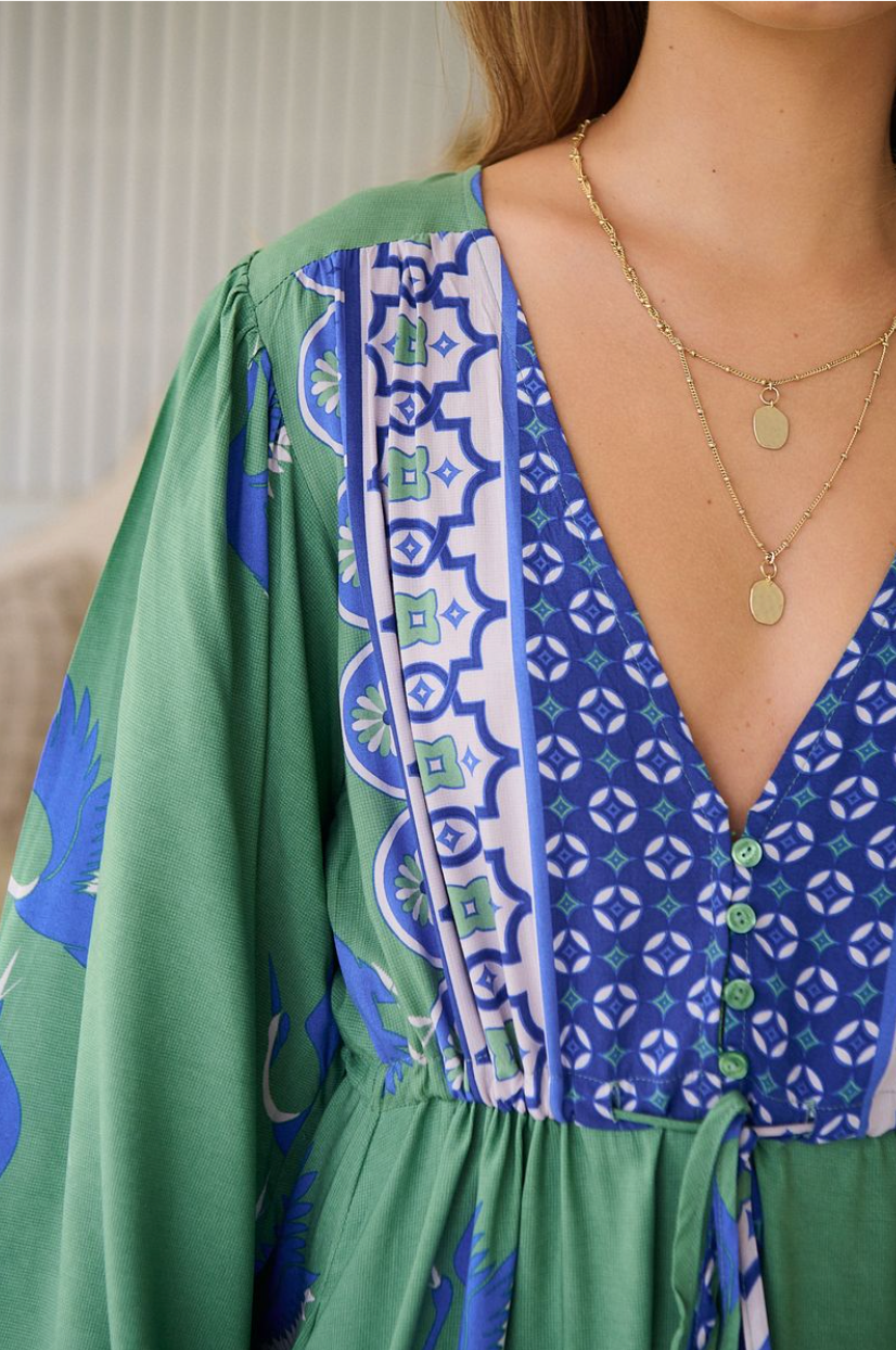 BLUE BIRD PRINT WILLA MIDI DRESS