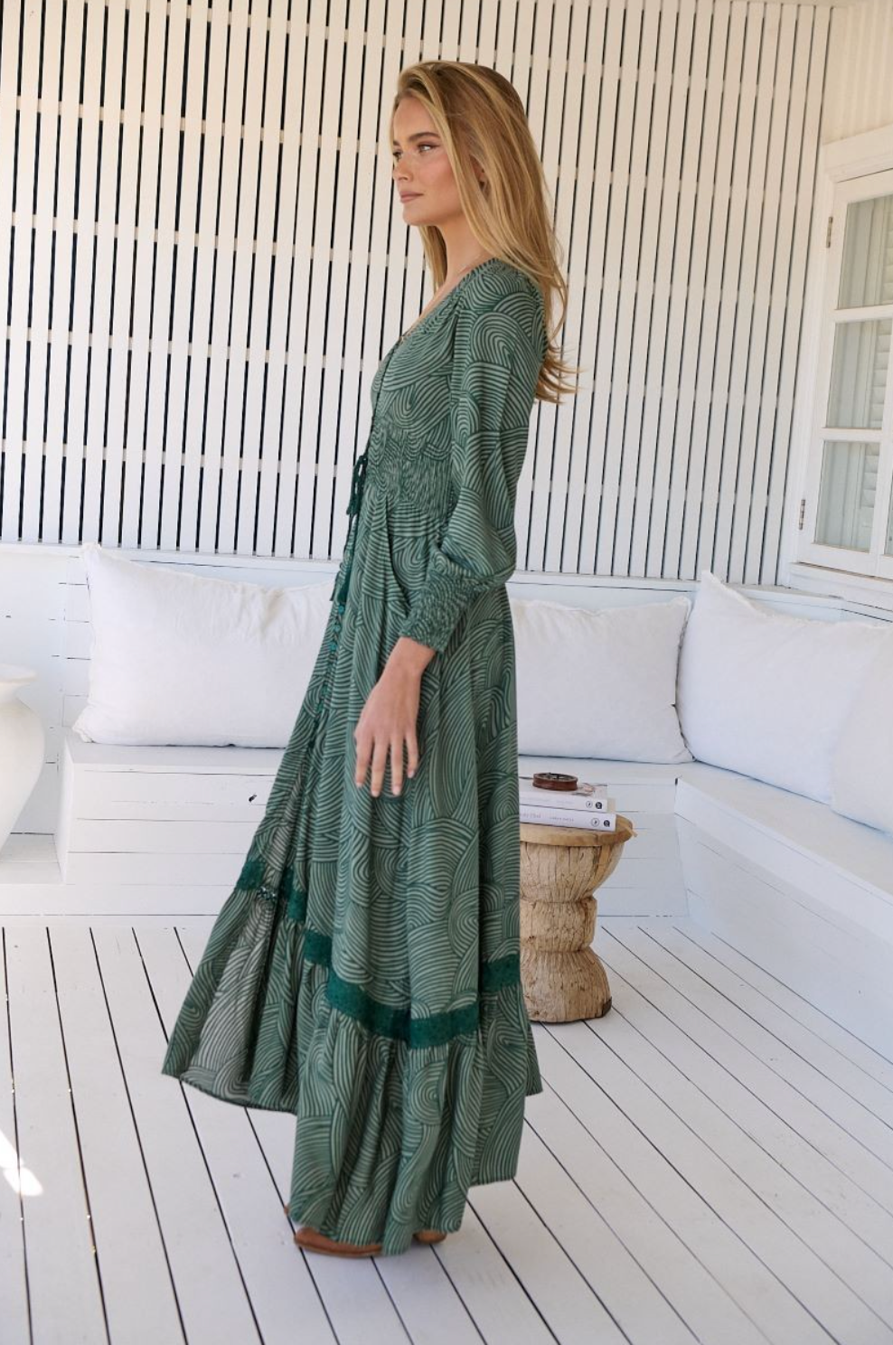 Sabrina Boho Maxi Dress in Emerald Wave Print – Suki's Wardrobe