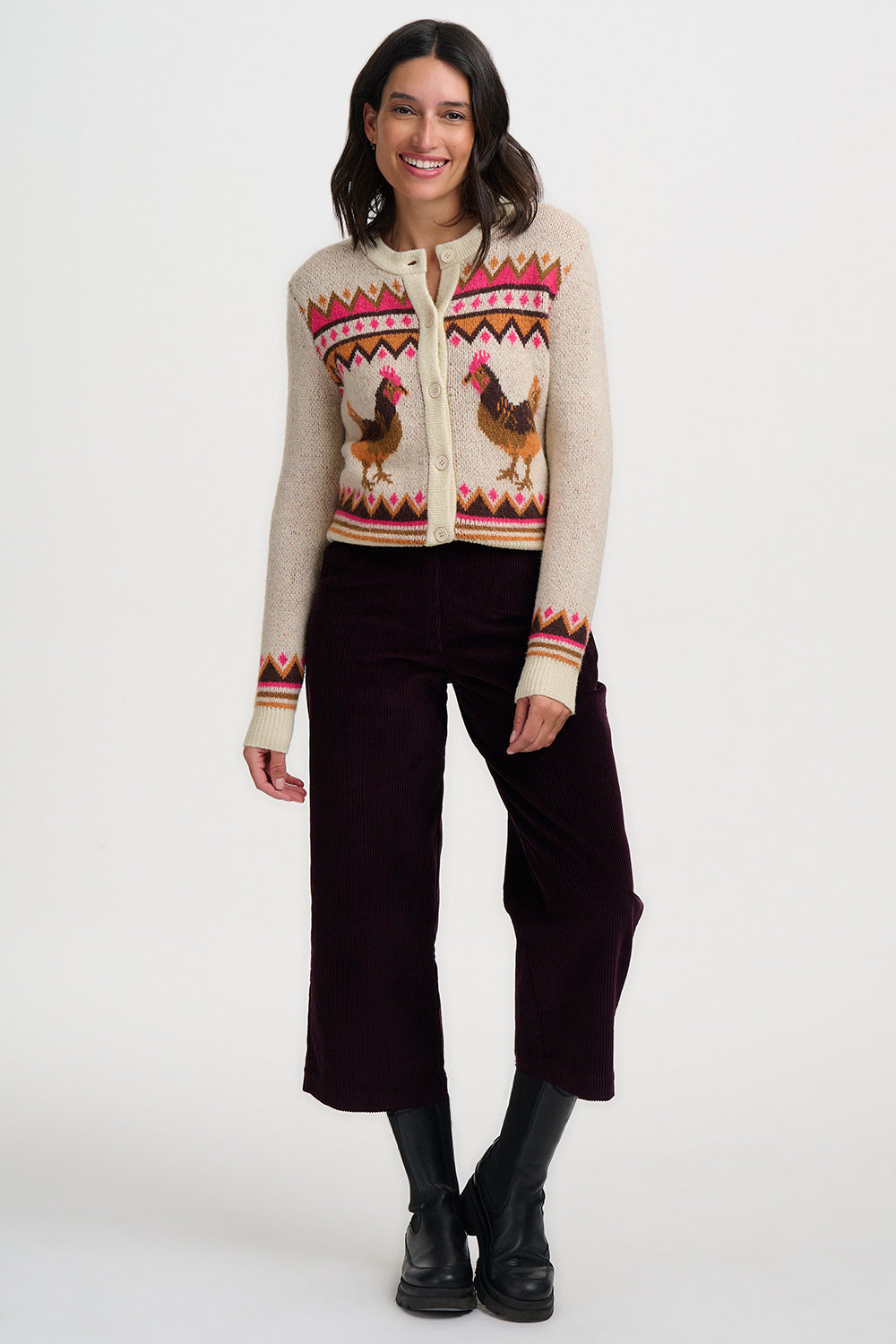 LARISSA Cardigan in Farm Chickens Print
