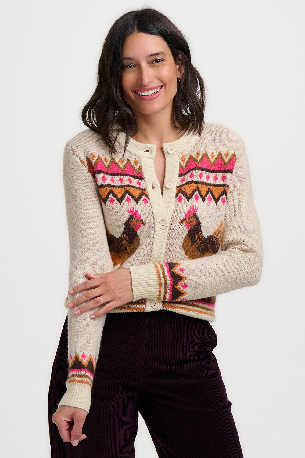 LARISSA Cardigan in Farm Chickens Print