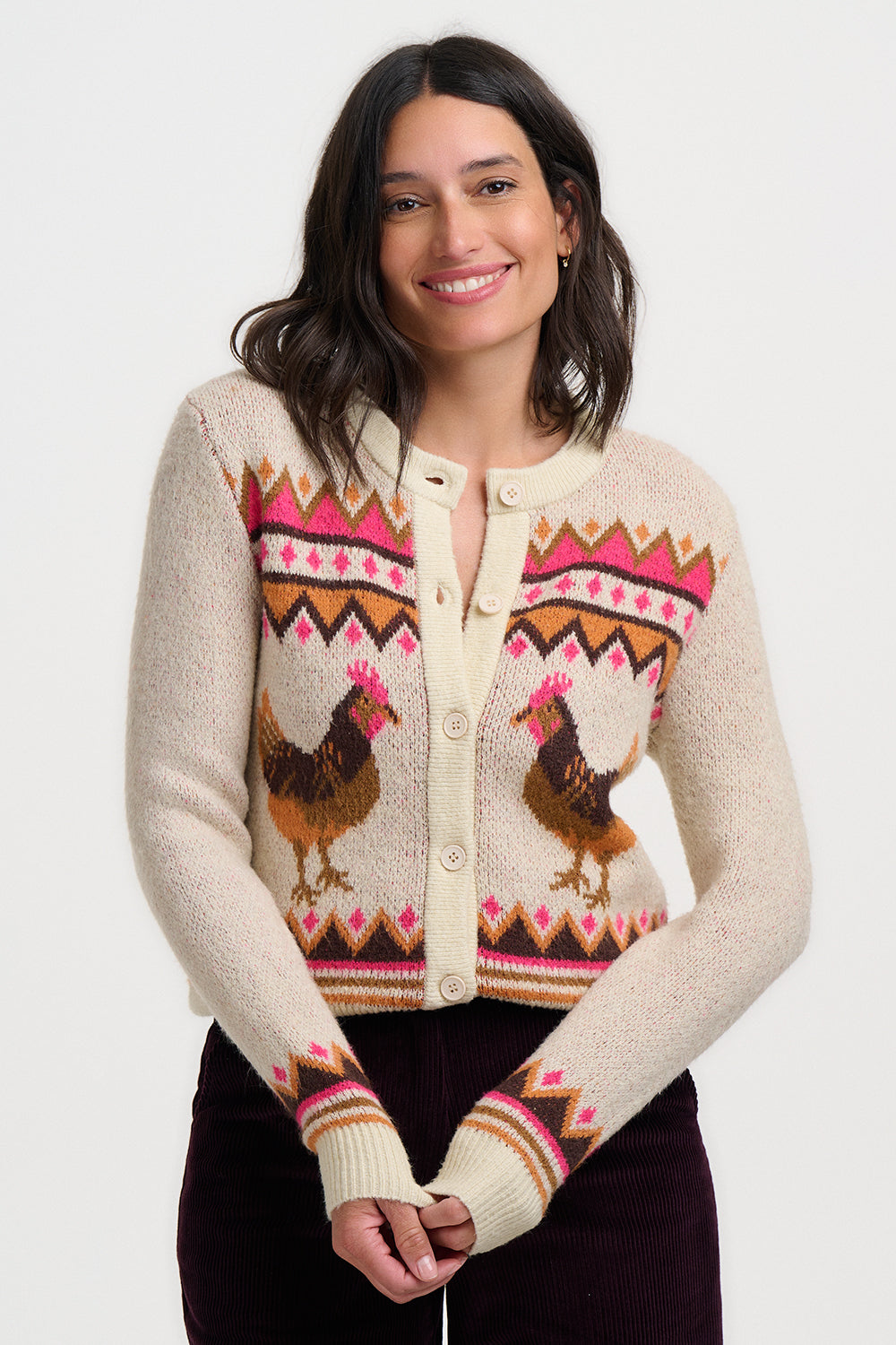LARISSA Cardigan in Farm Chickens Print